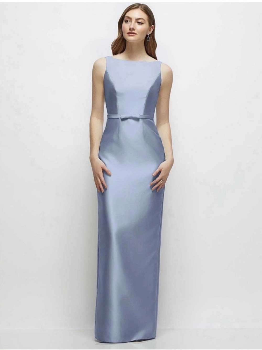ALFRED SUNG Dessy Collection Bateau Neck Satin Maxi Gown with Waist Belt Bow